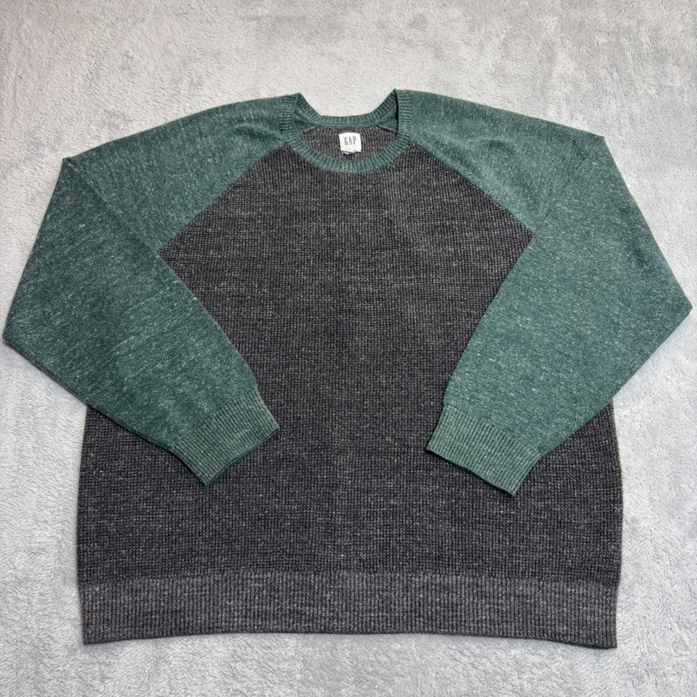 Gap Sweater Mens XXL Green Grey Raglan Waffle Knit Cotton Blend Crew Neck